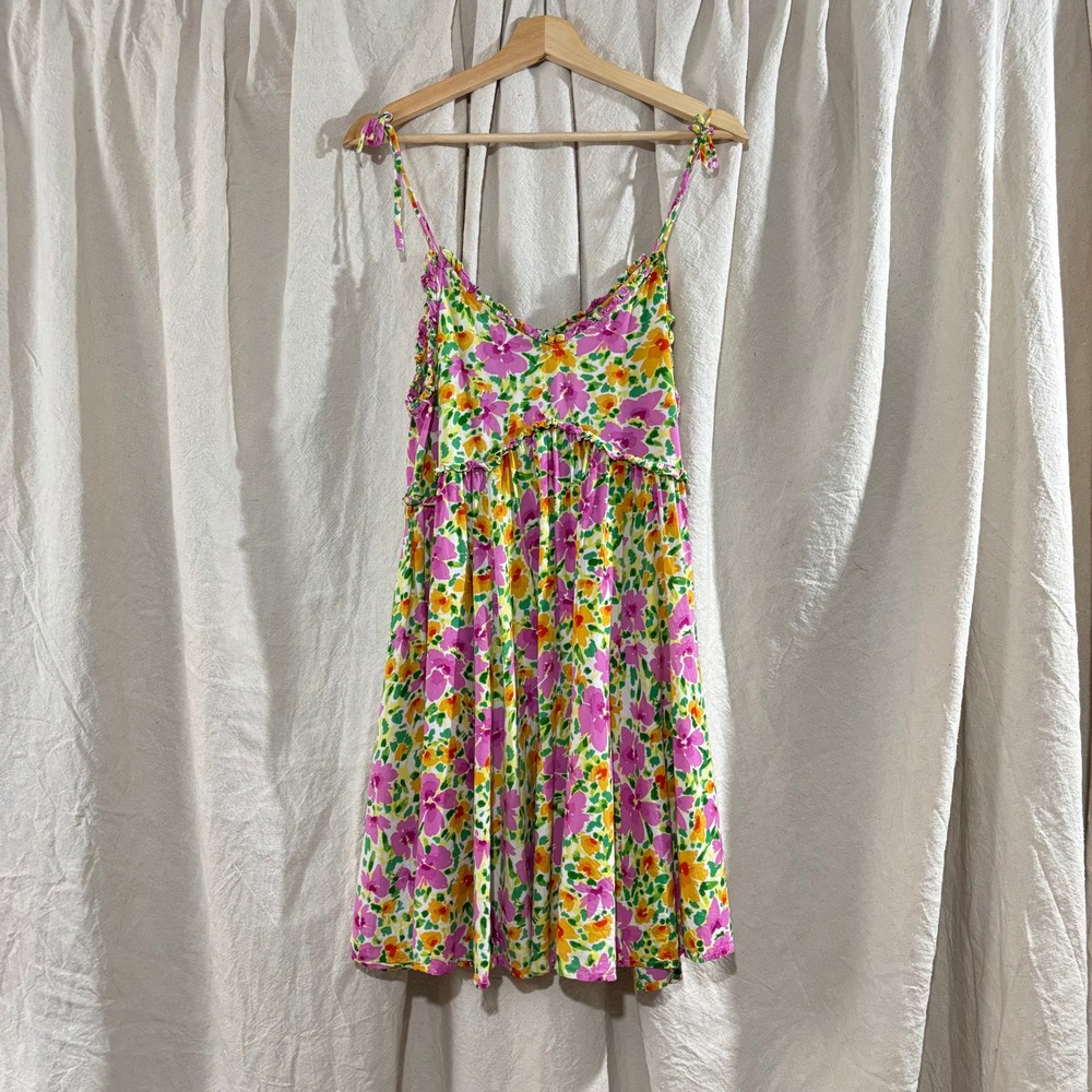 Patrons of Peace Floral Babydoll Mini Dress Pink Yellow Green Tie Strap Medium